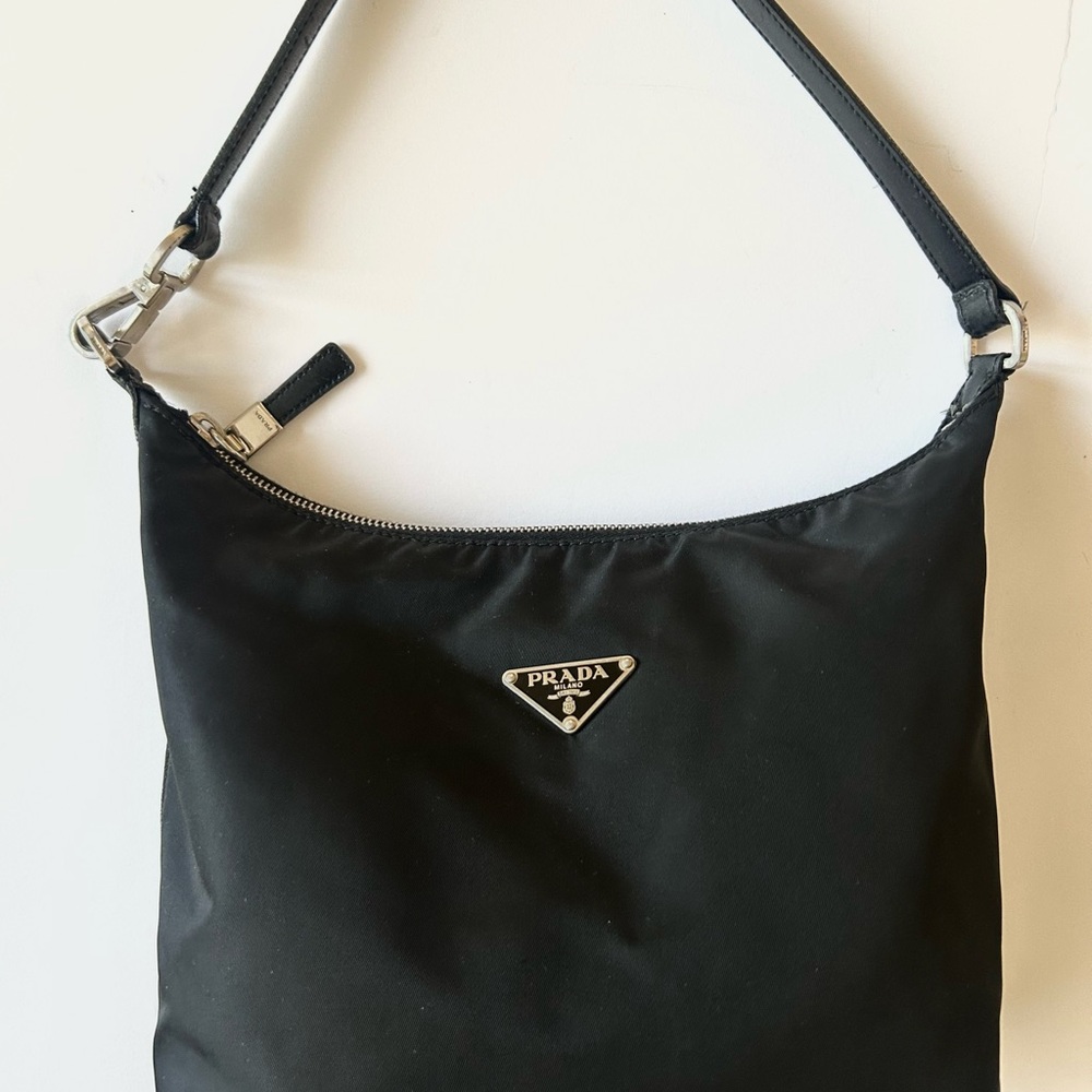 Prada Black Nylon Hobo with Silver Logo Plaque